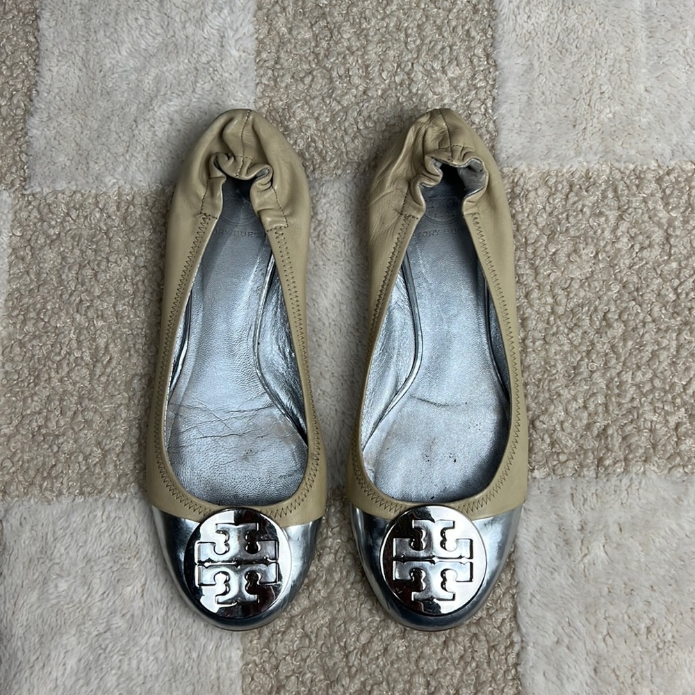 Tory Burch Tan Flats with Silver Accents
